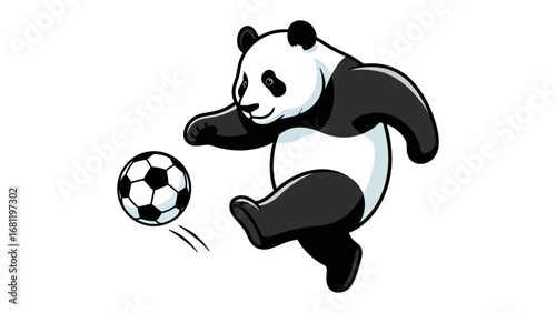 Panda Kicking Soccer Ball: A playful panda bear kicking a soccer ball with a black and white motif. Its whimsical depiction captures the spirit of sports and fun.
