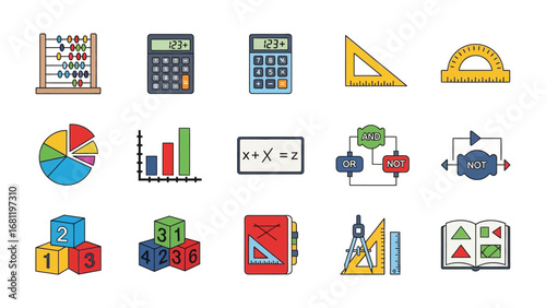 Mathematics icons: A collection of vibrant math icons representing essential tools and concepts, ideal for educational resources.