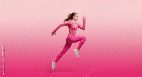 Active Young Woman Wearing Pink Sportswear Running in Motion Against Pink Gradient Background
