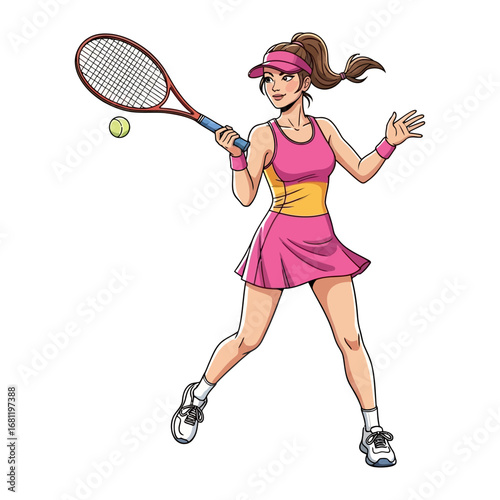Tennis Player in Action: An illustration of a dynamic tennis player in the heat of the game, poised to strike the ball with her racket, a vivid depiction of sport and athleticism.