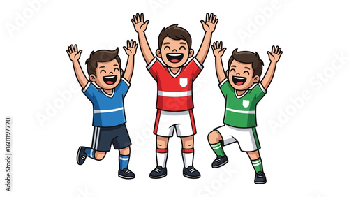 Team Victory: Three energetic youngsters revel in triumphant cheers, embodying the spirit of victory and teamwork, each clad in their own team colors.