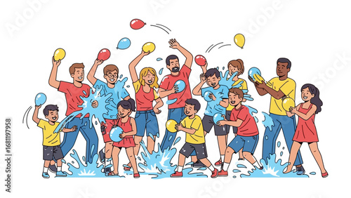 Water Balloon Extravaganza: Witness a vibrant summer scene as a diverse group engages in a spirited water balloon battle, radiating pure fun and energetic glee.