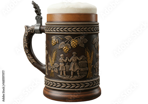 Isolated traditional decorative stein mug with beer, rustic and vintage style object ~86 chars