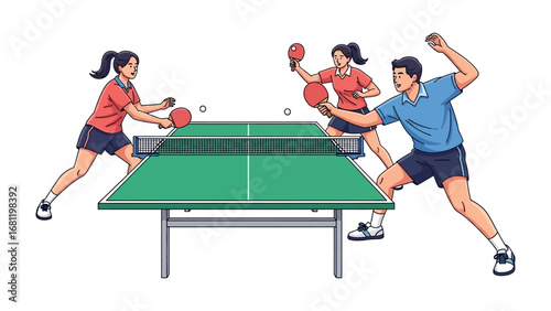 Ping-Pong Showdown: Animated illustration of table tennis players engaged in a dynamic ping-pong match, a vibrant display of sport, teamwork, and spirited competition. 