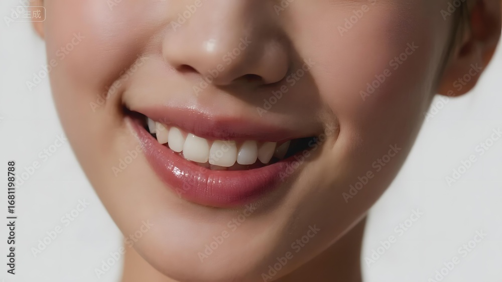 Fototapeta premium Close-up of a person's smiling mouth with bright white teeth
