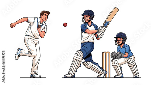 Cricket Match in Progress: Illustration of a cricket match, capturing the moment of a bowler delivering the ball to a batsman, with a wicket-keeper poised behind the wickets.