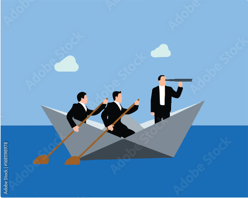 Business Team in Paper Boat Navigating Together with Leadership and Vision