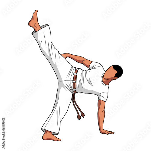 Dynamic Capoeira: A solitary practitioner engages in a powerful capoeira kick, showcasing agility, strength, and the vibrant cultural heritage.