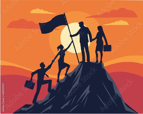 Teamwork and Leadership Concept: Business People Reaching the Mountain Summit Together