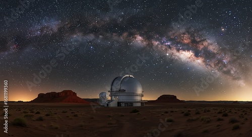Fototapeta Naklejka Na Ścianę i Meble -  Modern observatory domes situated in a desert landscape beneath the spectacular milky way