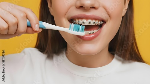 Person brushing teeth with braces, focusing on oral hygiene