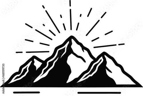 Mountain: A striking illustration of a mountain range with a radiant sunburst behind the main peak, symbolizing success, adventure, and triumph.