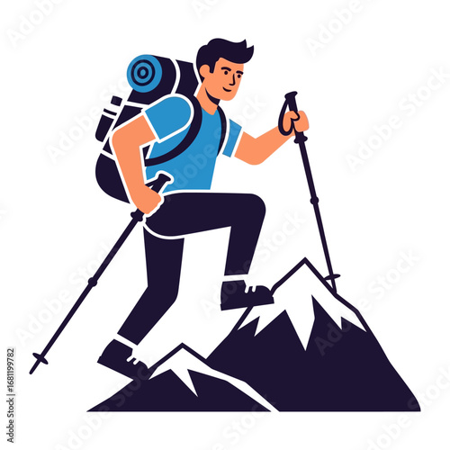 Man Hiking Mountain : A dynamic illustration captures a determined man conquering a mountain peak, embodying the spirit of adventure with a rugged backpack and trekking poles.