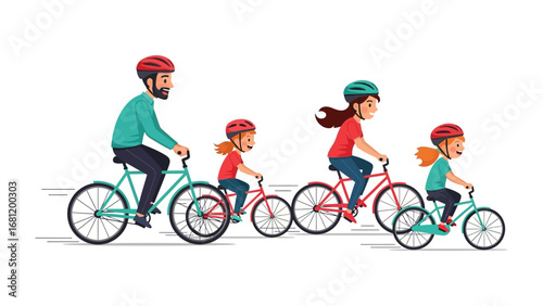 Family Bicycle Adventure: A vibrant illustration depicts a family of four joyfully cycling together. They wear helmets, and their synchronized movement conveys a shared sense of fun.
