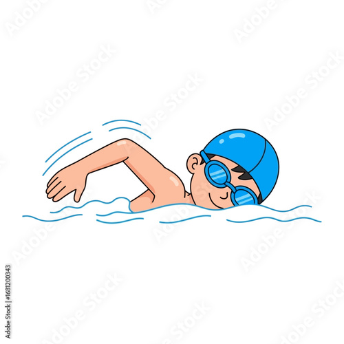 Swimming in the Waves: This lively illustration captures a swimmer in mid-stroke, gliding smoothly through the water with goggles and a cap. The dynamic line art brings the sport of swimming to life.