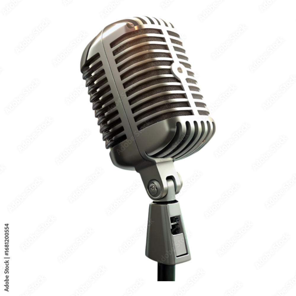 Fototapeta premium A close up shot of a vintage style microphone on a black background with a metallic finish and design