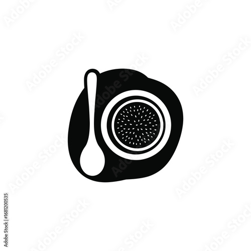 Simple black and white illustration of a bowl of cereal with a spoon on a plate