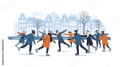 Winter Ice Skating Fun: Illustration of skaters gliding on ice in a vibrant cityscape scene, a celebration of winter activity and community spirit. 