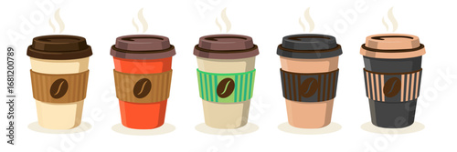 Variety of Coffee Cups with Steam Displayed on White Background for Beverage Enthusiasts and Cafes