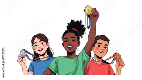 Triumphant Medalists: A dynamic illustration of three jubilant young athletes proudly displaying their hard-earned medals after an epic competition