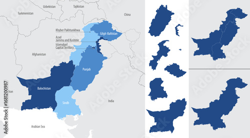 Detailed, vector, blue map of Pakistan with administrative divisions country