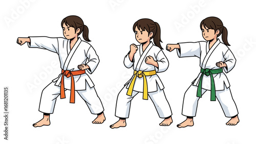 Karate Kids in Action: Three young martial artists, clad in traditional uniforms with colorful belts, demonstrate precise stances and punches, reflecting the focus and discipline of the art.