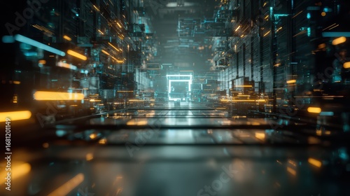 Intricate futuristic data center with glowing lights