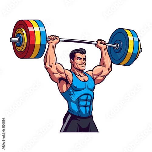 Strength and Determination: A muscular man lifts a heavy barbell overhead, epitomizing power, fitness, and the pursuit of strength in a vividly illustrated workout scene.