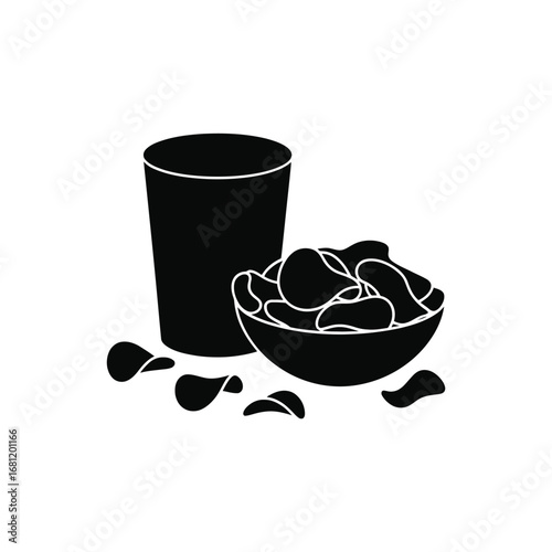 Simple black and white illustration of a glass of drink next to a bowl of potato chips