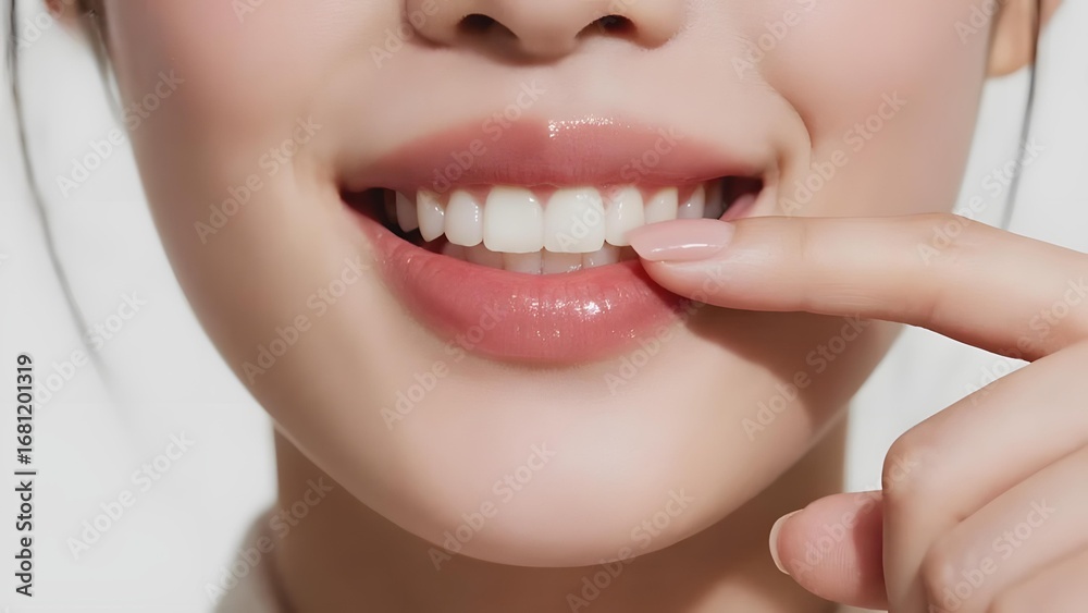 Fototapeta premium Close-up of a person pointing to their bright, healthy teeth with a finger