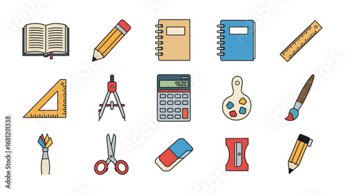 School Supply Showcase: A diverse assortment of essential school supplies are laid out, perfect for capturing the anticipation of a new academic year or the essence of scholastic preparation.