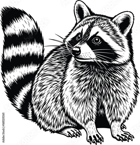 Raccoon: A highly detailed line art drawing of a raccoon, with intricate fur texture and a curious expression, in a realistic hand-drawn style.