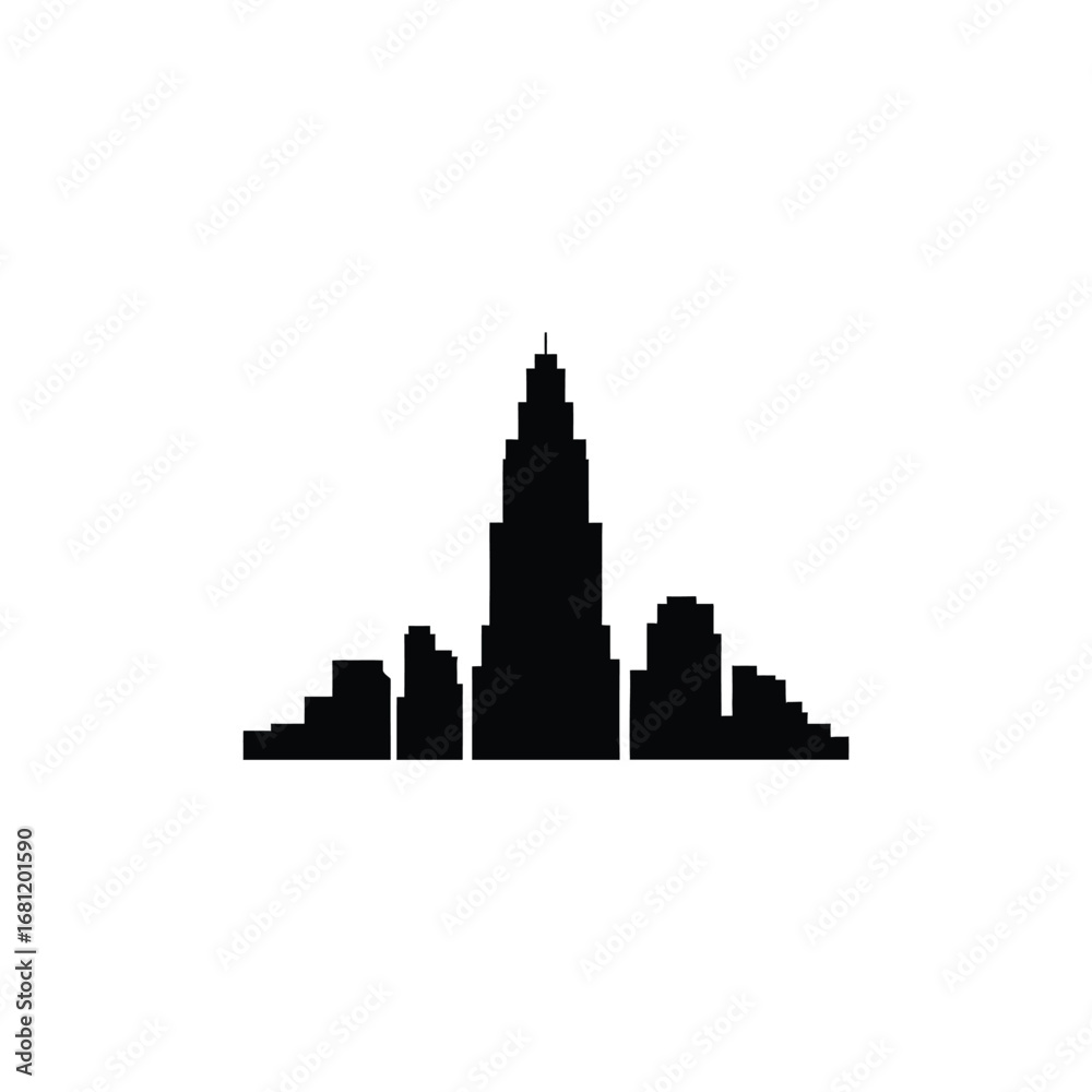 Fototapeta premium Black silhouette of a modern city skyline with a prominent central skyscraper against a white background