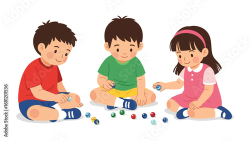 Children playing Marble: A charming illustration of three children, engrossed in a game of marbles. The kids, each absorbed in their playful activity.