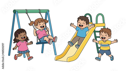Playground Bliss: Playful children exuding pure joy as they engage in exhilarating outdoor fun on a vibrant playground setting. 