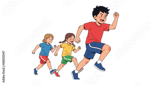 Energetic Trio: A lively illustration captures three children joyfully engaged in a running activity, brimming with dynamic movement and radiating youthful energy
