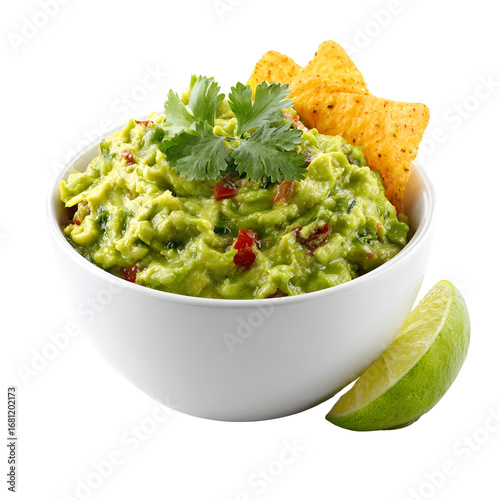 Fresh guacamole in a bowl with tortilla chip and lime isolated on transparent background