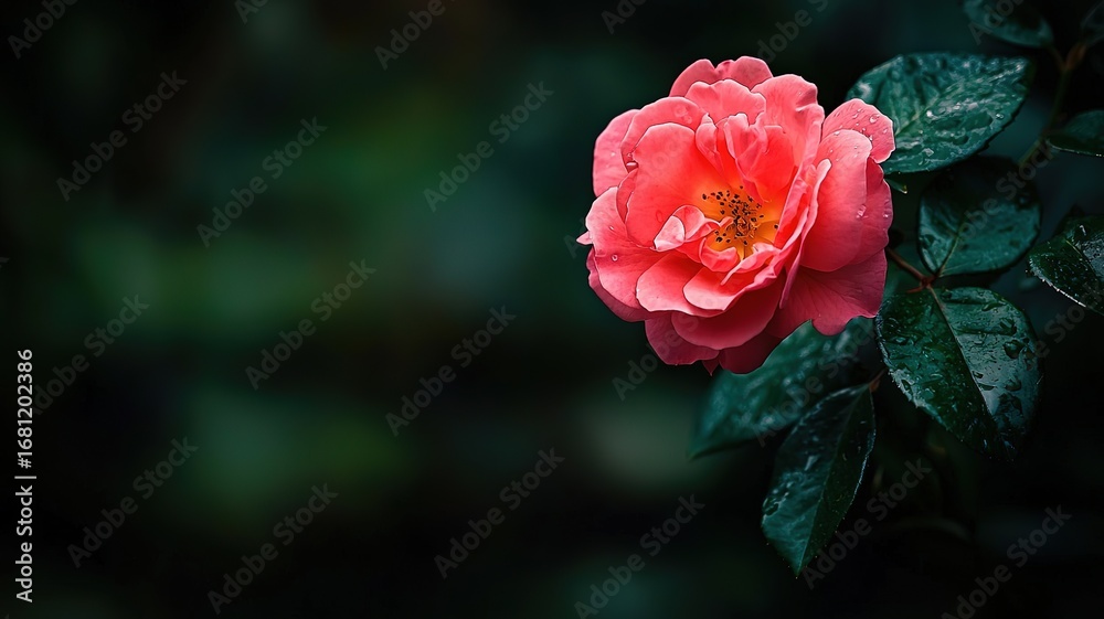 Fototapeta premium Close-up of Pink Rose in Garden with Soft Focus, Dark Green Leaves, Valentine's Card Material 