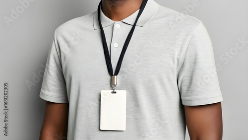 Man in a gray polo shirt wearing a blank vertical ID card holder on a black lanyard, a professional corporate access pass mockup