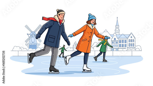 Winter Skate: Capturing the serene joy of a couple gliding across a frozen pond, embodying the spirit of winter leisure. The image showcases a man and woman skating.