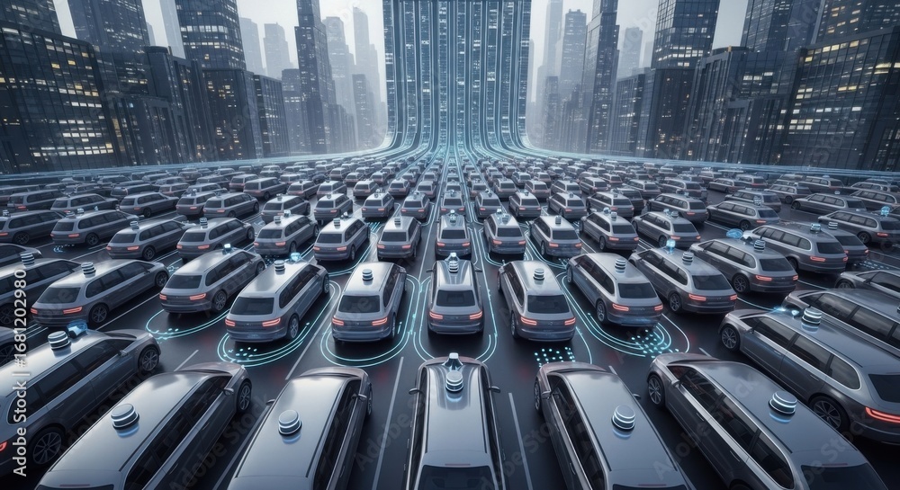 Obraz premium Autonomous Electric Cars Parking in Futuristic City with Skyscrapers