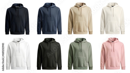 Collection of blank hoodies mockup, perfect for showcasing your designs. Stylish apparel in various colors, ready for your branding and creative projects