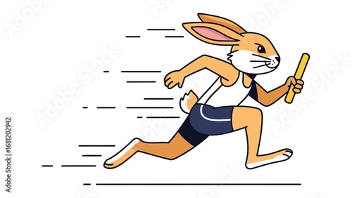 Hare relay race with baton: A dynamic cartoon illustration of a hare sprinting with a baton in a track race. It captures the spirit of sportsmanship, determination.