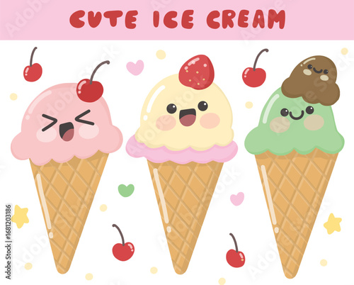 cute smiley ice cream cone strawberry vanila chocolate mint flavor