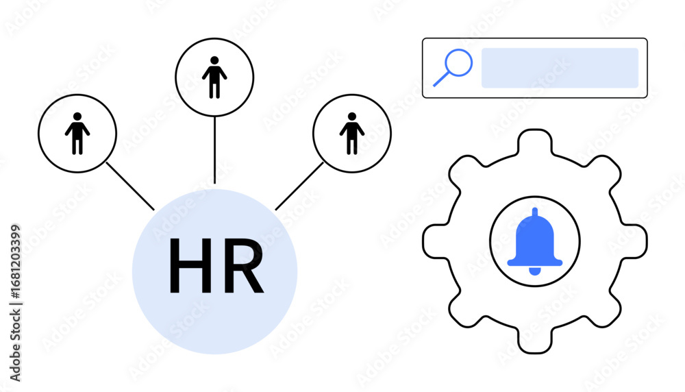 Obraz premium HR workflow with connected user icons, a settings cogwheel featuring a bell, and a search bar. Ideal for HR, recruitment, process automation, management, notifications, collaboration and simple