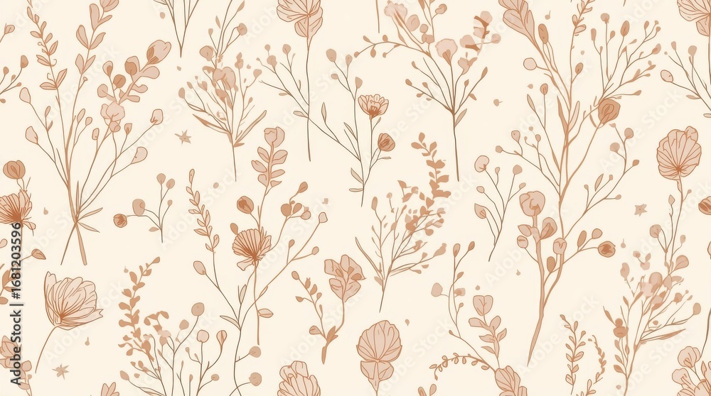 Obraz premium Minimalist Boho Botanicals. seamless vector pattern in a minimalist, bohemian style. The design features delicate, hand-drawn botanical elements such as dried leaves, abstract flowers, and branches