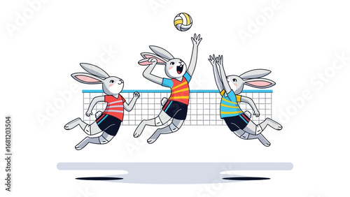 Volleyball Bunny Buddies: Dynamic illustration showcasing a volleyball match featuring cartoon bunnies, emphasizing movement, teamwork, and the playful spirit of competition. 