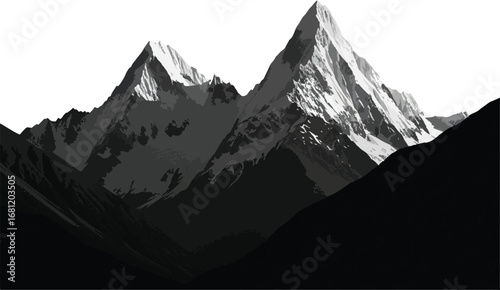 Mountains: A striking black and white photo of two snowy mountain peaks, with dark, dramatic valleys below.