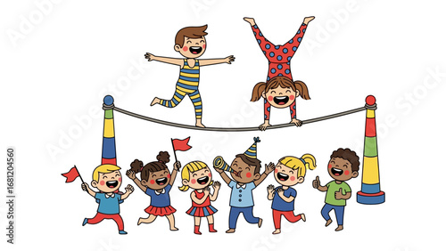 Acrobatic Circus: Capturing the whimsical spirit of childhood, a colorful illustration depicts children engaged in playful acrobatics, evoking joy, excitement and celebration.