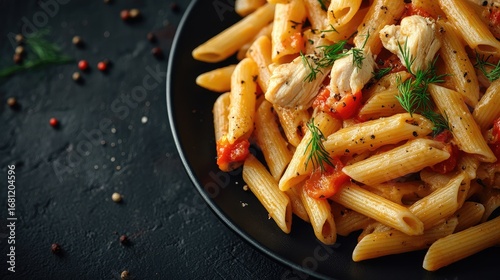 Delicious penne pasta with chicken and tomatoes on a dark plate, pepper and herbs on a dark background